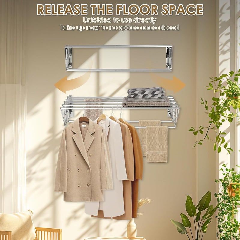 CAEXABO XL-31.5" Wall Mounted Clothes Drying Rack, 130 LBS Large Capacity Rustproof Retractable Clothes Rack, Collapsible Drying Rack Easy to Install with 7 Drying Rods, Space Saving for Laundry-White - Image 3